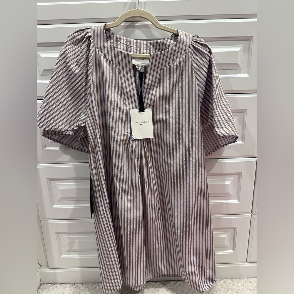 Pomander Place Lavender and White Striped Puff Sleeve Dress